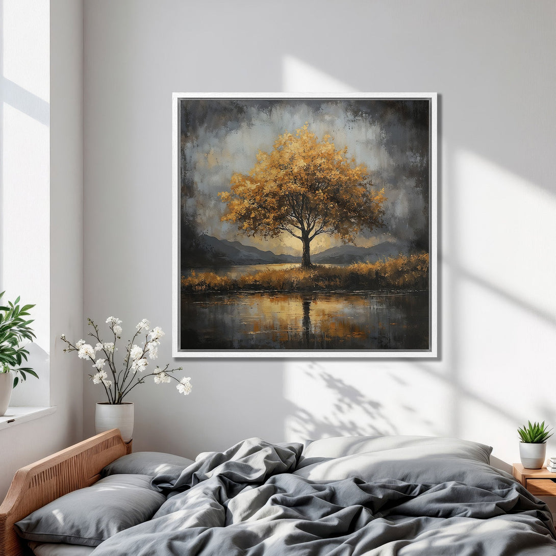 Framed Wall Art: Golden tree landscape painting in a bedroom. Features a serene scene with a warm, earthy color palette. Perfect for home decor.