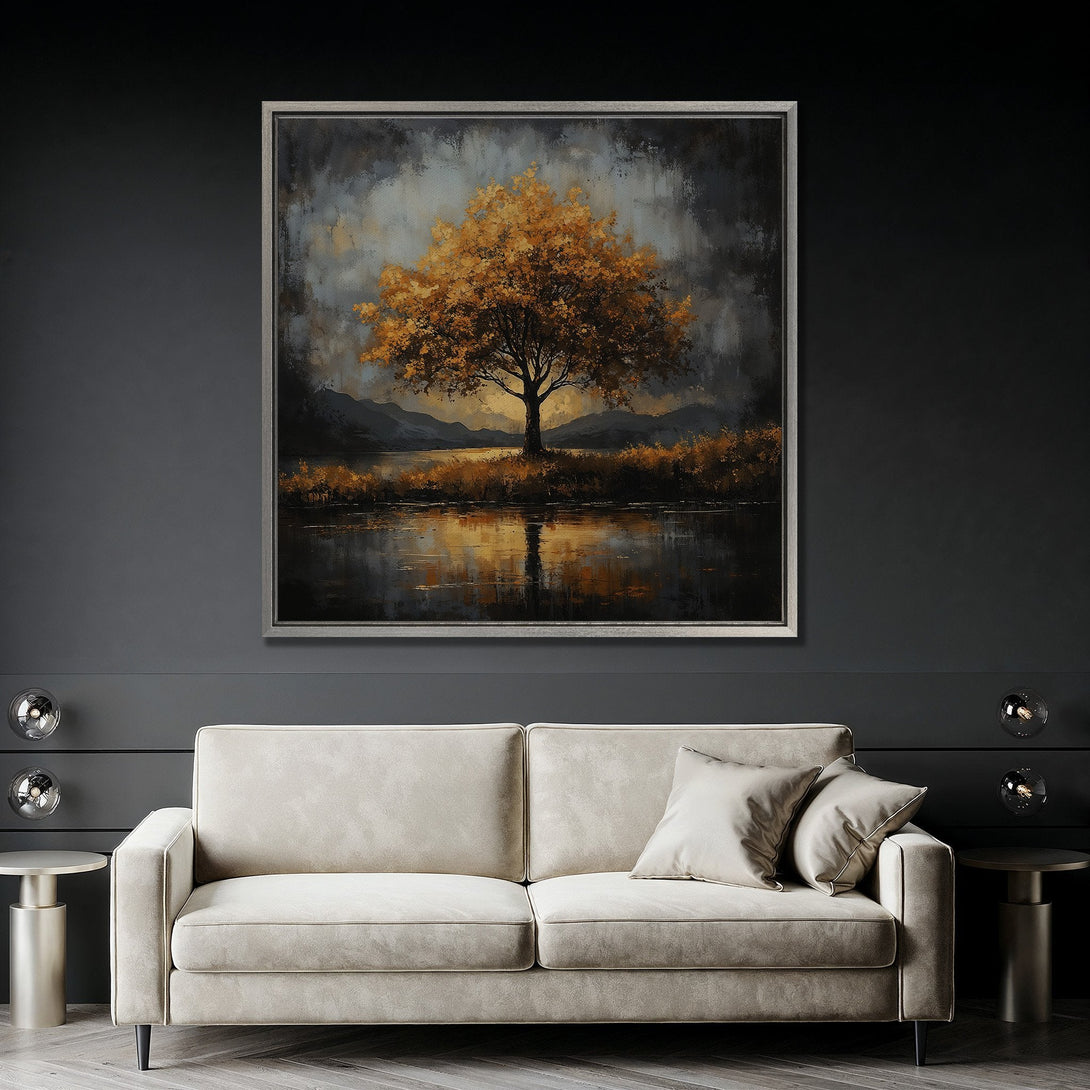 Framed Wall Art: Stunning tree landscape painting in warm gold and dark tones. Modern art piece perfect for living room decor. Enhance your space with this canvas print.