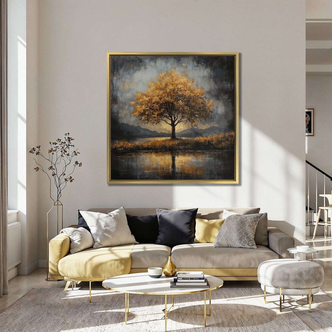 Canvas Print: Stunning landscape art featuring a golden tree and lake. Warm, inviting color palette complements any interior. Elevate your space with this beautiful wall art.