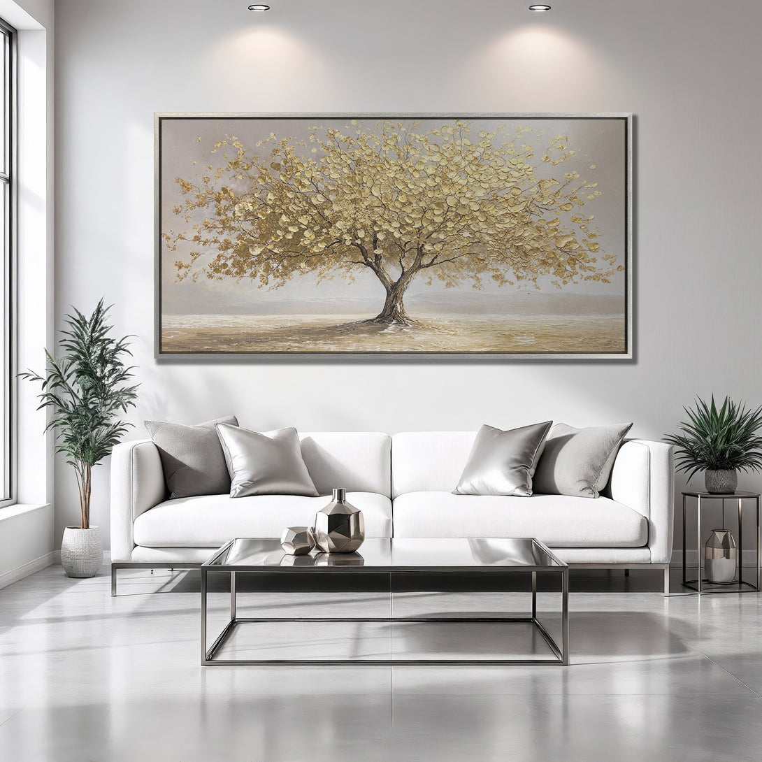 Framed Wall Art: Golden tree painting in a modern interior. Neutral color palette with gold and beige tones. Perfect for living room decor.