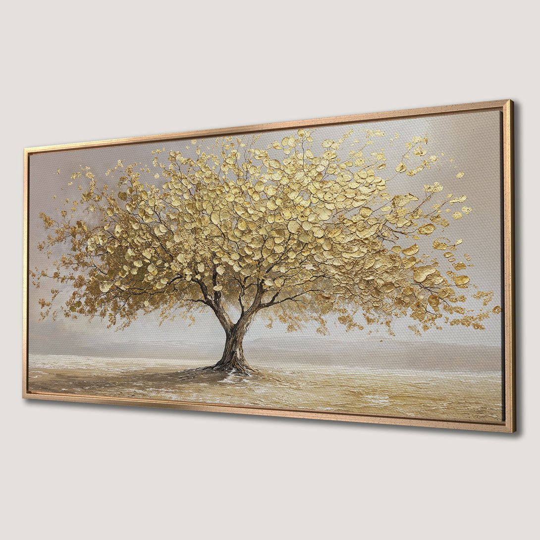 Framed Wall Art featuring a textured gold tree painting. Neutral beige and gold color palette creates a luxurious and elegant aesthetic. Perfect for home decor.