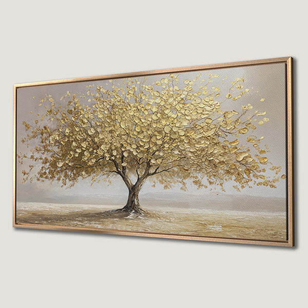 Framed Wall Art featuring a textured gold tree painting. Neutral beige and gold color palette creates a luxurious and elegant aesthetic. Perfect for home decor.