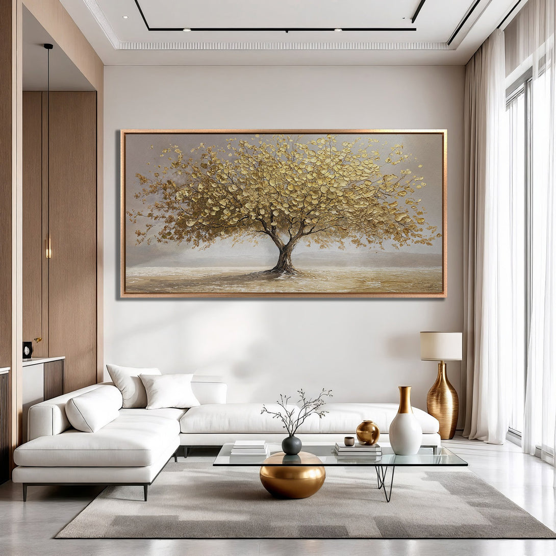 Framed Wall Art: Stunning gold leaf tree painting in a modern living room. Neutral color palette with gold accents. Elevate your space with this elegant artwork.