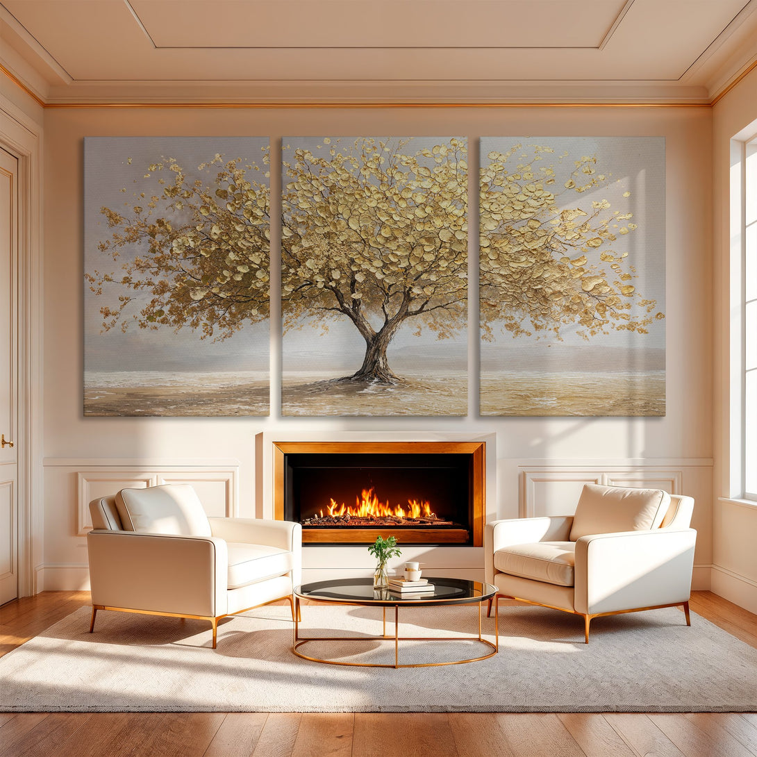 Canvas Print of a golden tree artwork in a luxurious interior. Neutral color palette with gold accents. Perfect for elegant home decor.