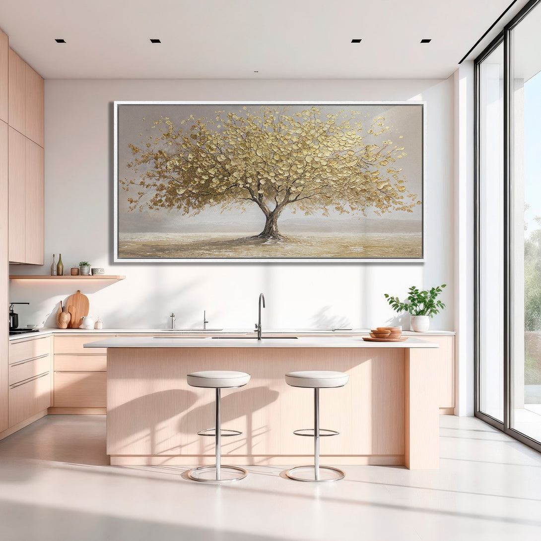 Framed Wall Art: Stunning gold tree canvas print adds elegance to a modern kitchen. Neutral color palette complements any decor. Shop now for statement art!