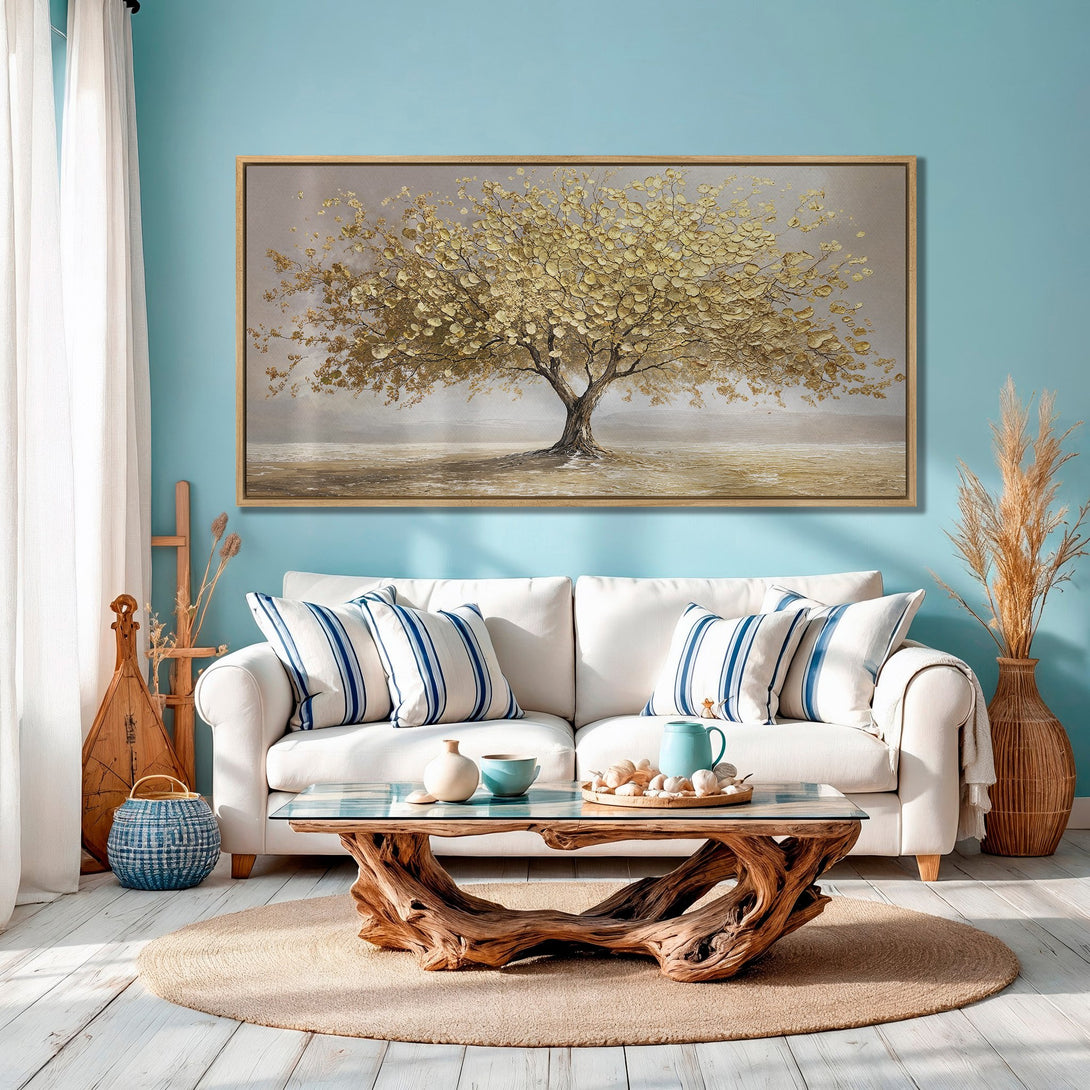 Framed Wall Art: Golden tree painting in a serene interior. Warm gold and neutral tones create a calming aesthetic. Perfect for living rooms and bedrooms.