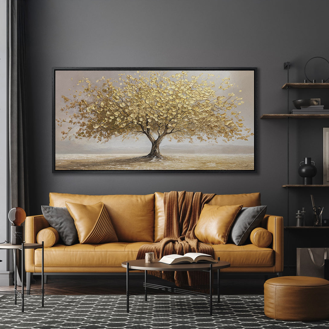 Framed Wall Art: Stunning gold leaf tree painting in a modern living room. Neutral color palette with warm tones. Elevate your decor with this elegant Canvas Print.