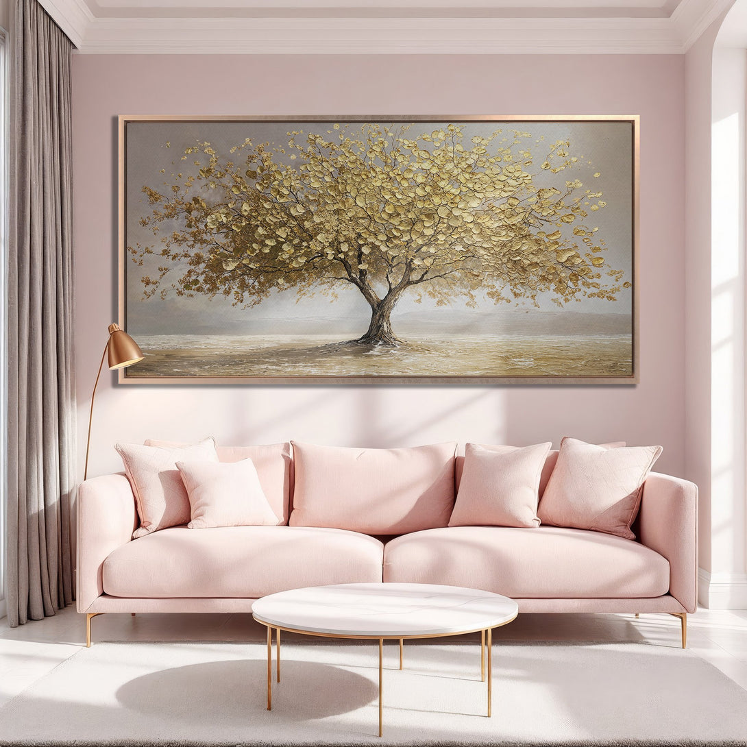 Framed Wall Art: Golden tree canvas print in a chic interior. Earthy tones with a touch of gold, perfect for adding elegance to your living space.