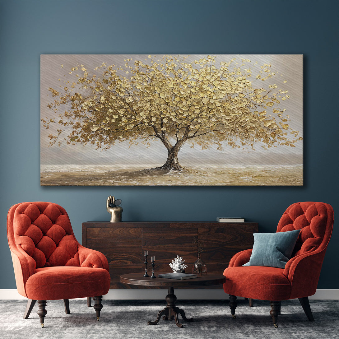 Framed Wall Art: Abstract gold leaf tree painting in a neutral interior. Warm, inviting color palette. Elevate your space with this stunning canvas print.