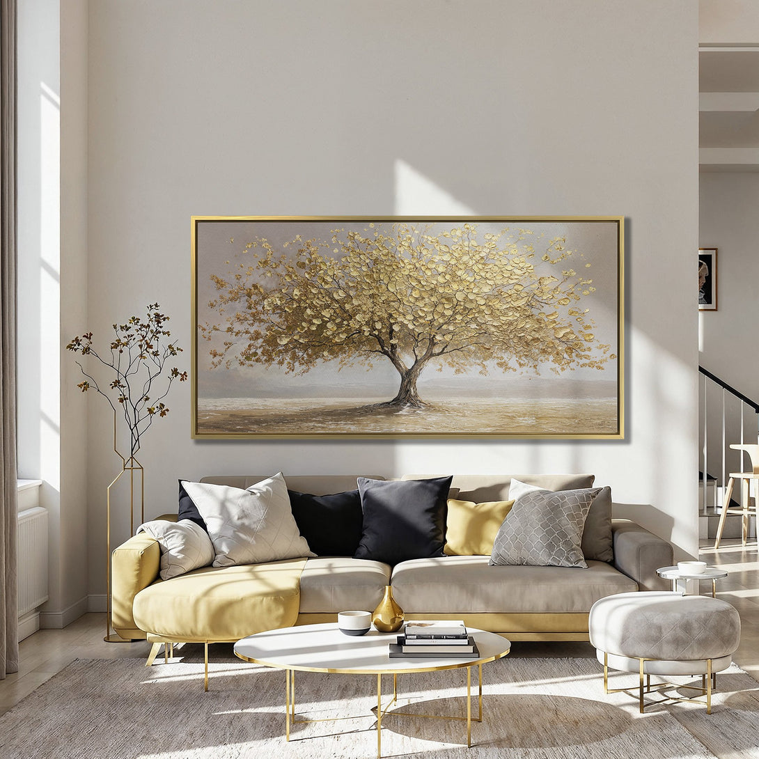 Canvas Print of a golden tree painting. Modern art with a neutral and gold color palette. Perfect for living room decor.