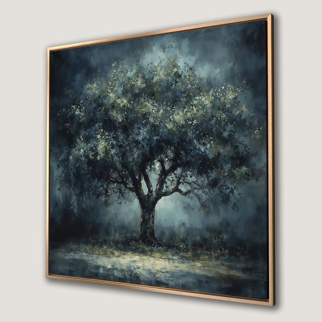 Framed Wall Art: Moody tree painting in a dark blue and green palette. Add a touch of nature and elegance to your space with this canvas print.