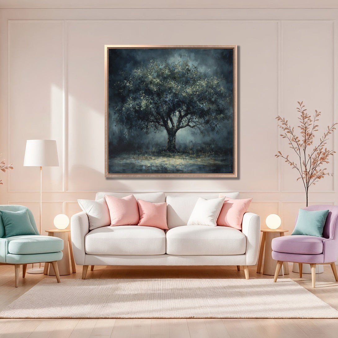 Framed Wall Art: Moody tree painting in a modern living room. Dark blue, green, and neutral color palette. Perfect for adding a touch of nature to your space.