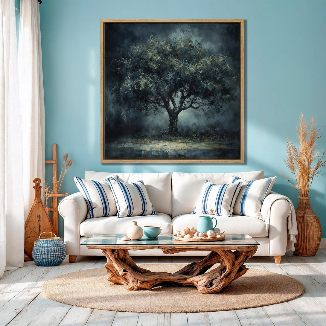 Framed Wall Art featuring a serene tree painting in a dark, moody style. Earthy tones and blue accents create a calming atmosphere. Perfect for home decor.