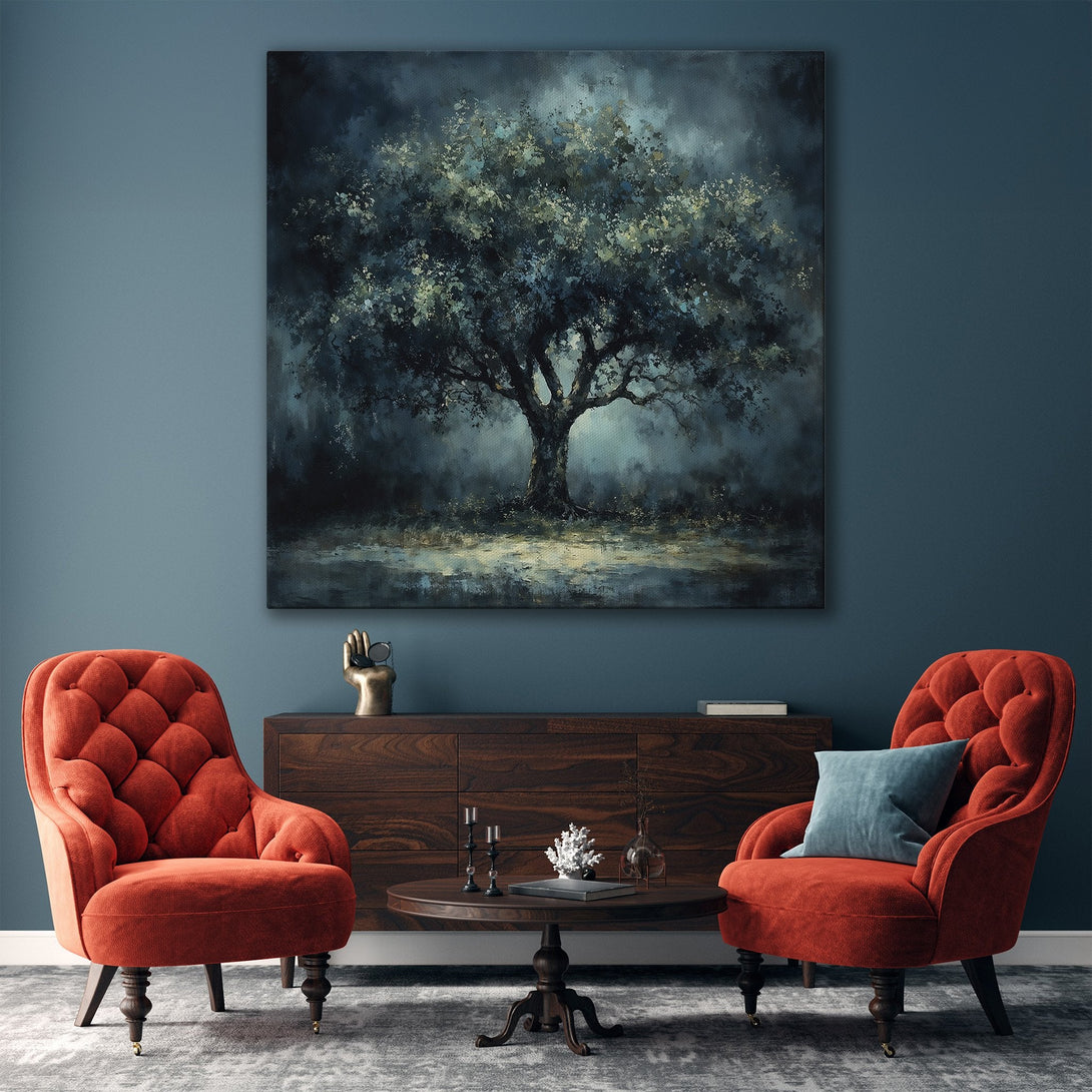 Framed Wall Art: Dramatic tree painting in a gold frame. Evokes a moody, serene atmosphere with a cool blue and gold palette. Perfect for living room decor.