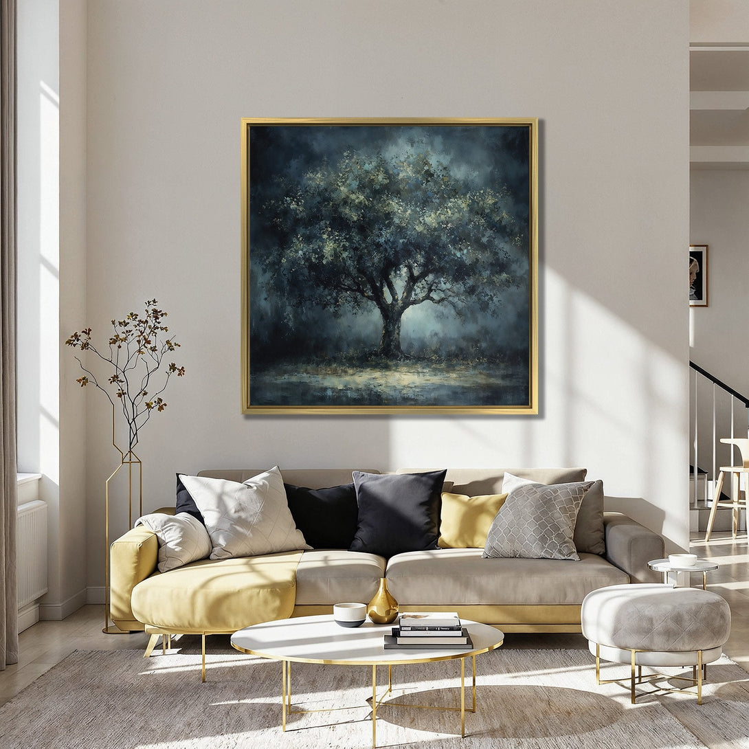 Canvas Print of a majestic tree in a moody, painterly style. Features a dark blue and muted green color palette, perfect for any interior.