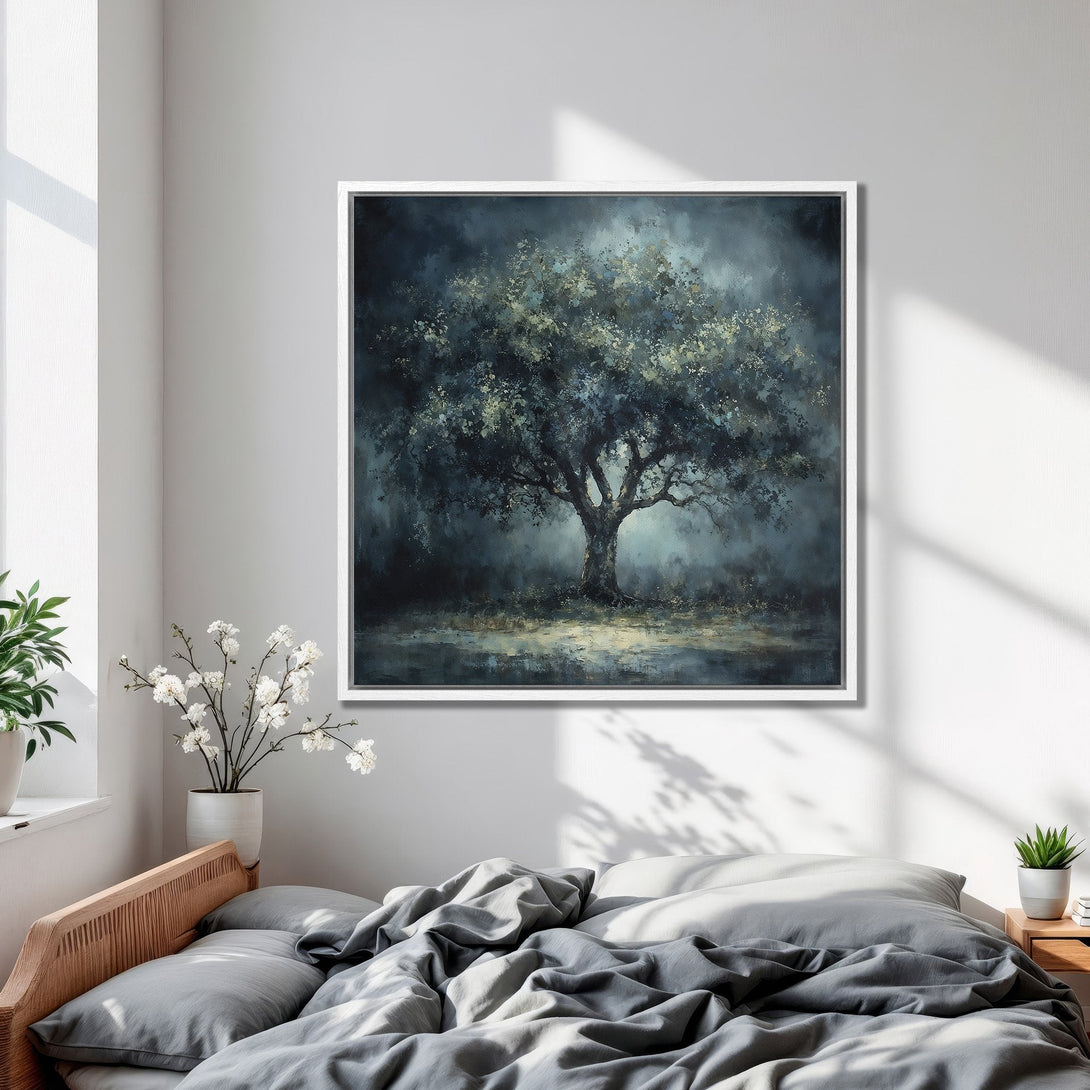 Framed Wall Art: Moody tree painting in a bedroom. Dark blue and green color palette. Enhance your space with this stunning canvas print.