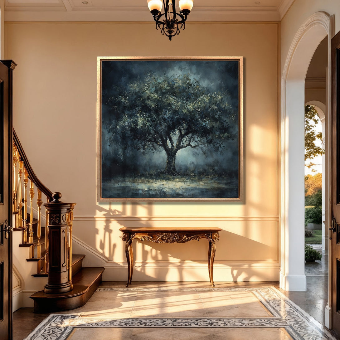 Framed Wall Art: Dramatic tree painting with a moody, blue and green palette. Adds elegance to any interior decor. Perfect for living rooms or entryways.