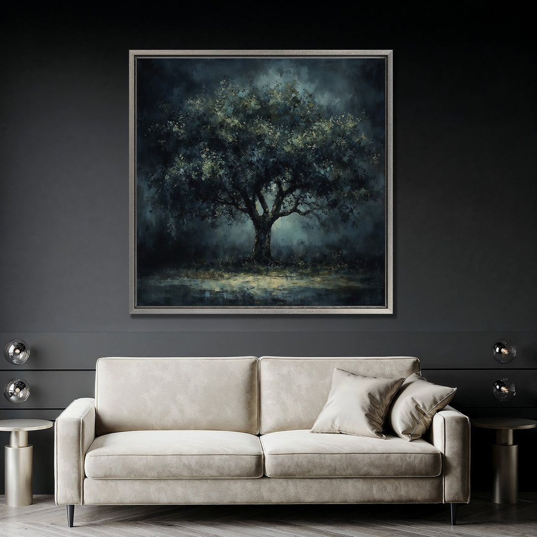 Framed Wall Art: Moody tree painting in a dark, atmospheric style. Features a blue and green color palette, perfect for adding depth to your living room.