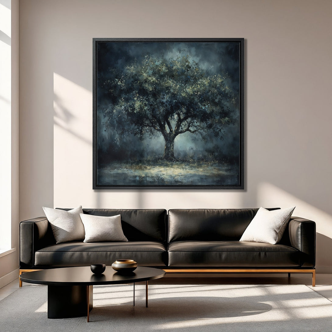 Framed Wall Art: Dramatic tree art print in a moody, dark blue and green palette. Perfect for adding a touch of nature and sophistication to your living room.