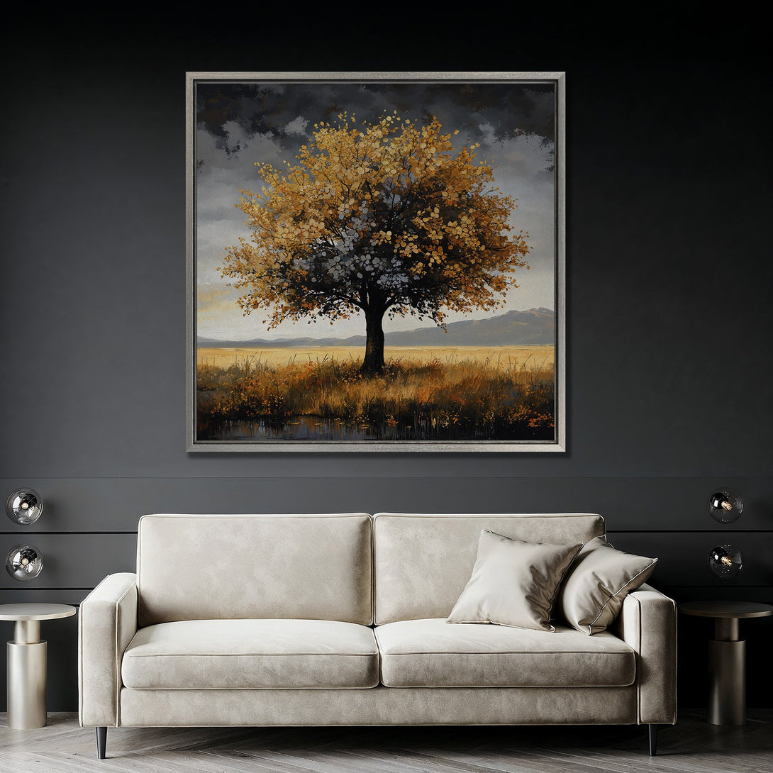 Framed Wall Art: Autumn tree landscape painting in warm gold and gray tones. Perfect for living room decor, adding a touch of nature and elegance.