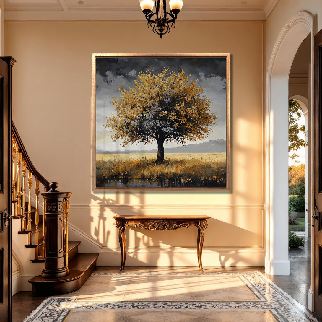 Framed Wall Art: Elegant tree landscape painting in warm gold and gray tones. Adds a touch of nature and sophistication to your home decor.