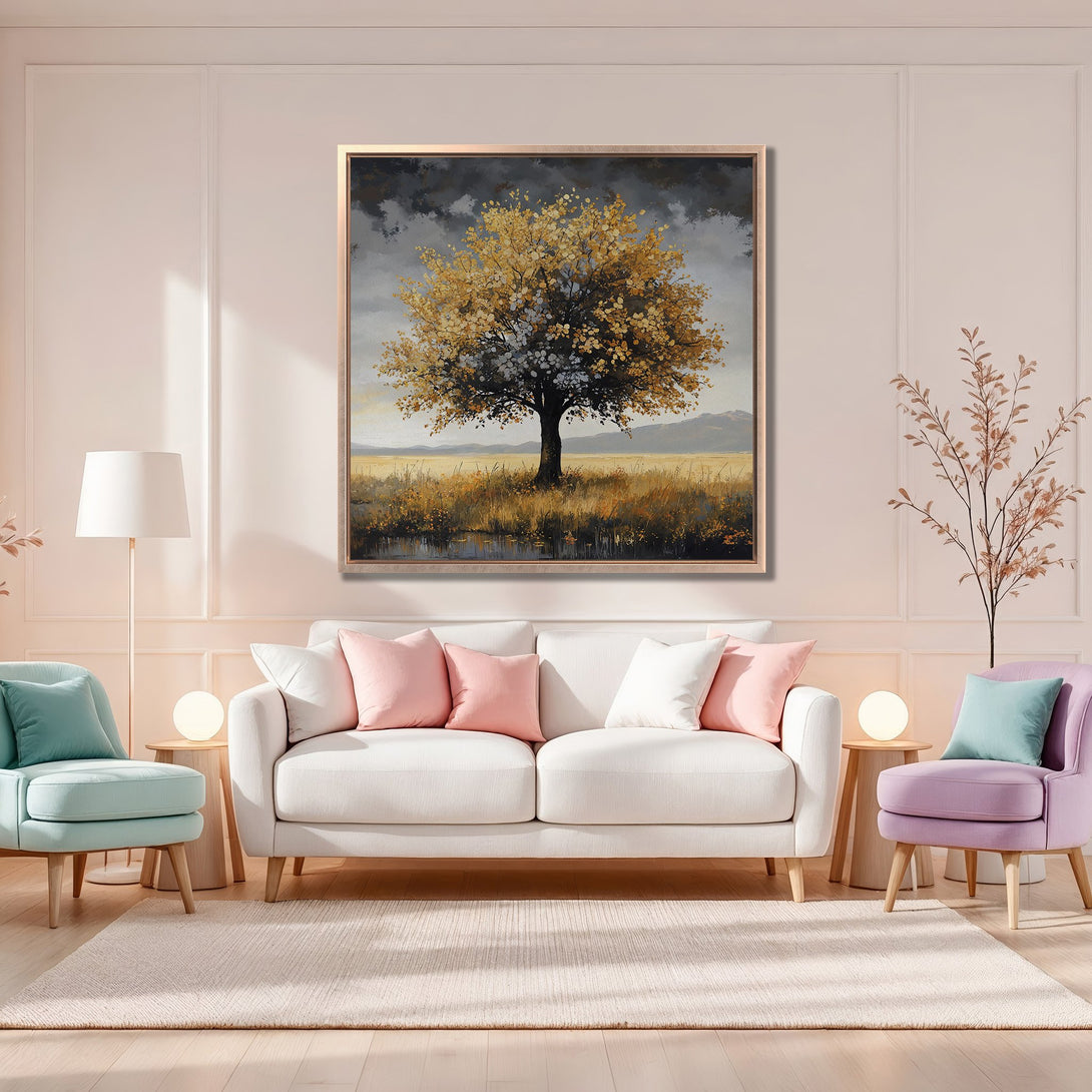 Framed Wall Art: Stunning landscape Canvas Print featuring a golden tree, perfect for adding warmth & style to any living room. Soft color palette.
