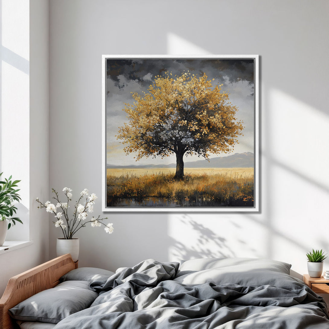Framed Wall Art of a golden tree in a field, displayed in a bedroom. Warm, earthy color palette creates a cozy, inviting atmosphere. Shop now!