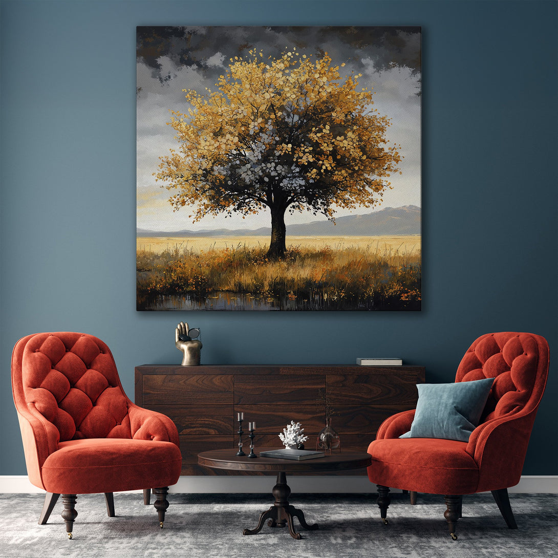 Framed Wall Art: Golden tree landscape in warm, earthy tones. Modern art print perfect for living room decor. Enhance your space with this beautiful Canvas Print!