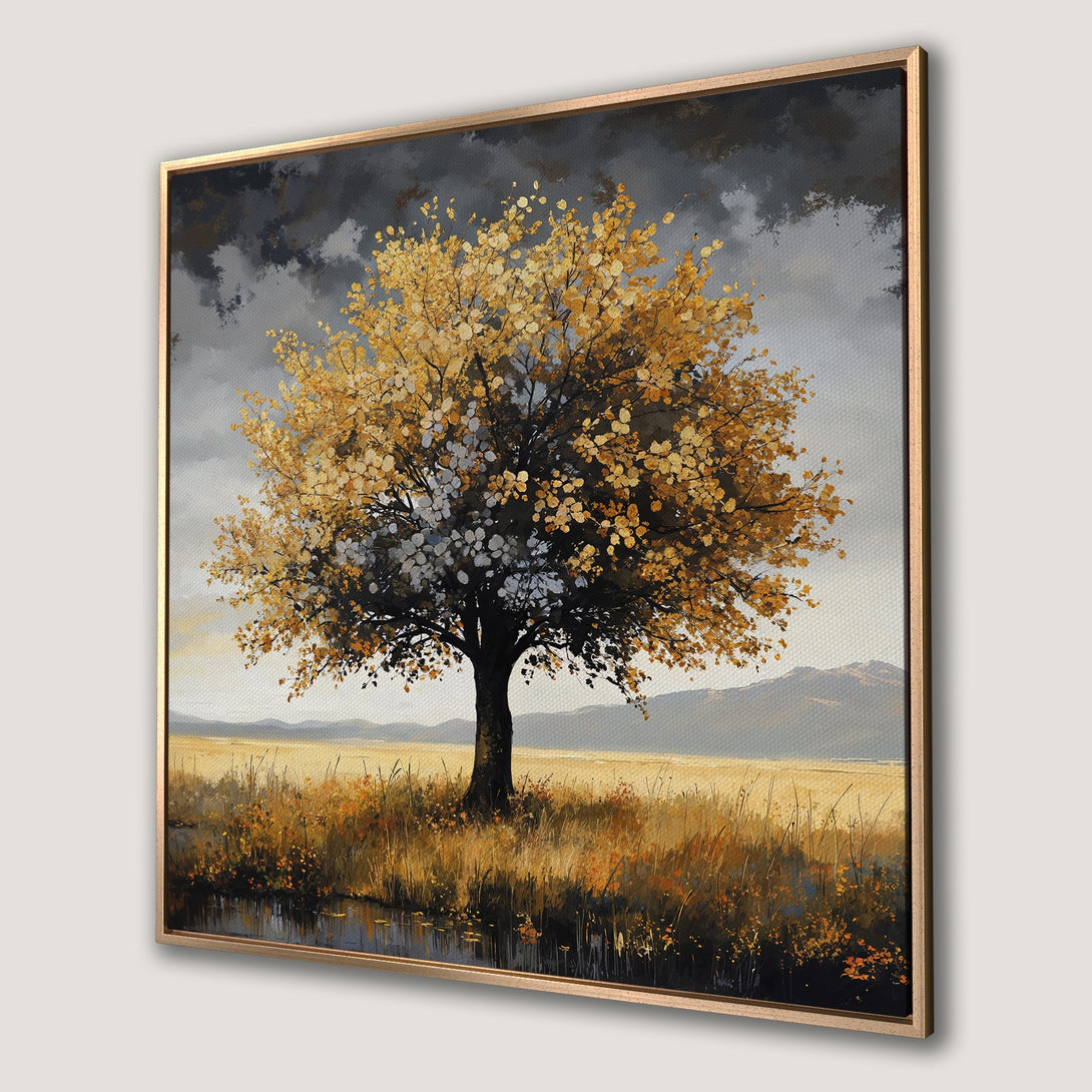 Framed Wall Art: Stunning autumn tree landscape canvas print. Features warm gold, brown, and gray tones. Perfect for adding natural beauty to your home decor.