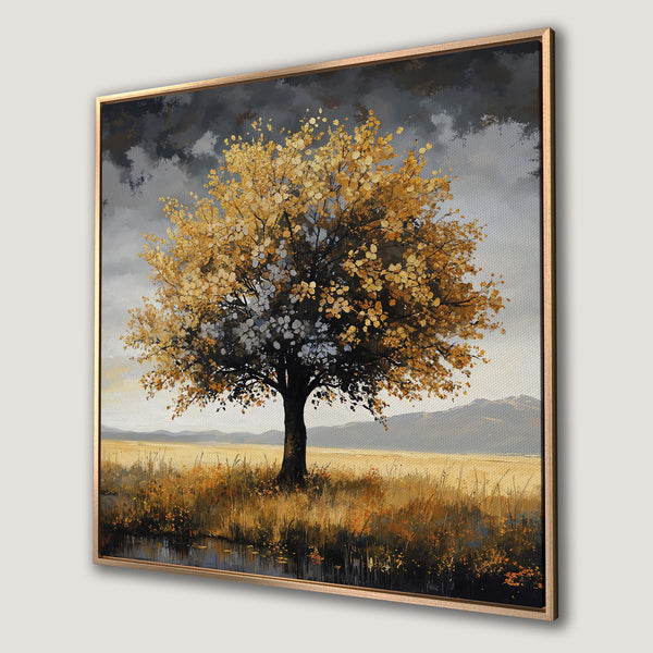 Framed Wall Art: Stunning autumn tree landscape canvas print. Features warm gold, brown, and gray tones. Perfect for adding natural beauty to your home decor.