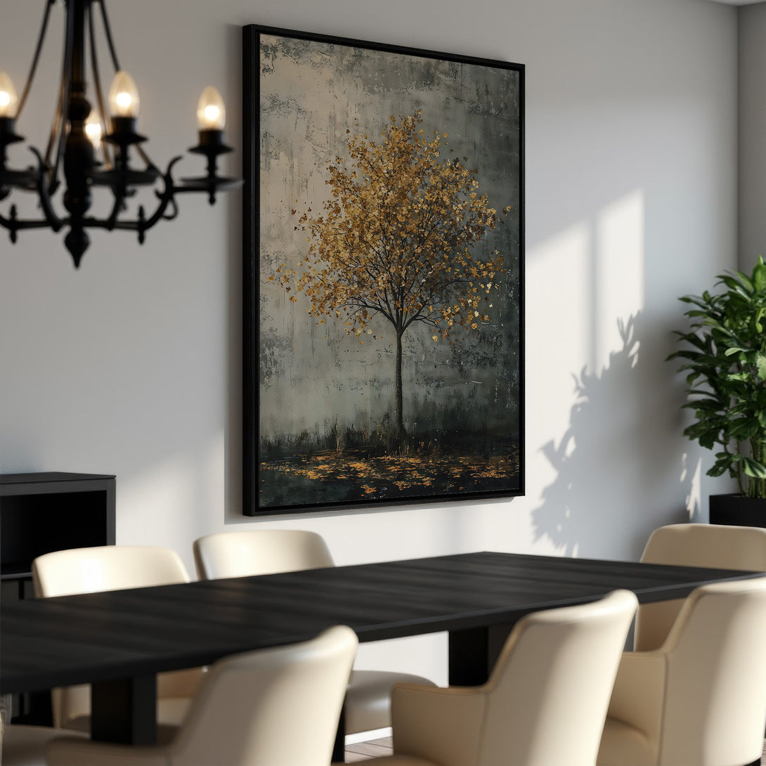 Framed Wall Art: Abstract tree painting with gold and gray tones. Modern art for home decor. Enhance your space with this beautiful canvas print.
