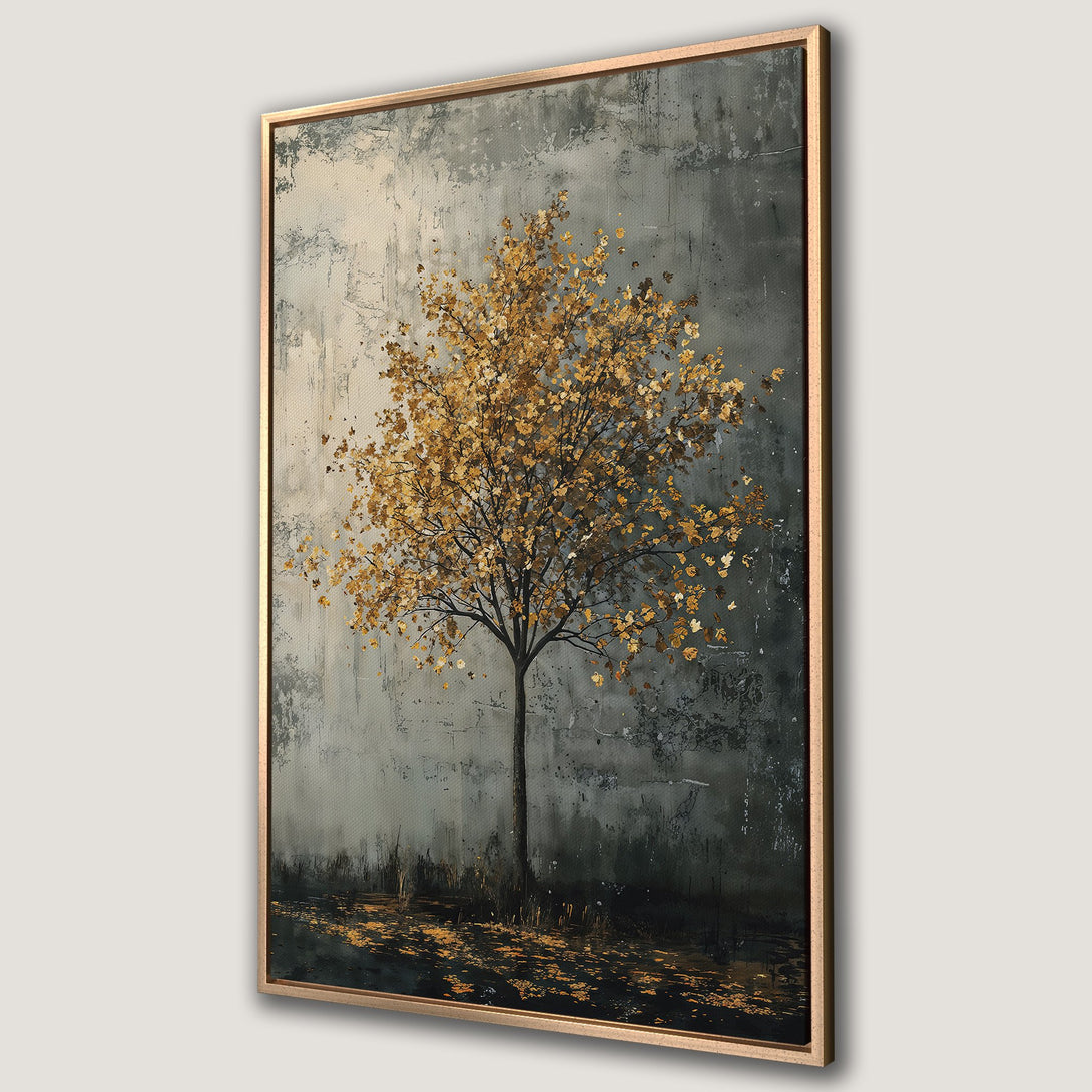 Framed Wall Art featuring an abstract tree with golden leaves. Modern, textured style with a moody, gray and gold color palette. Perfect for adding elegance to any space.