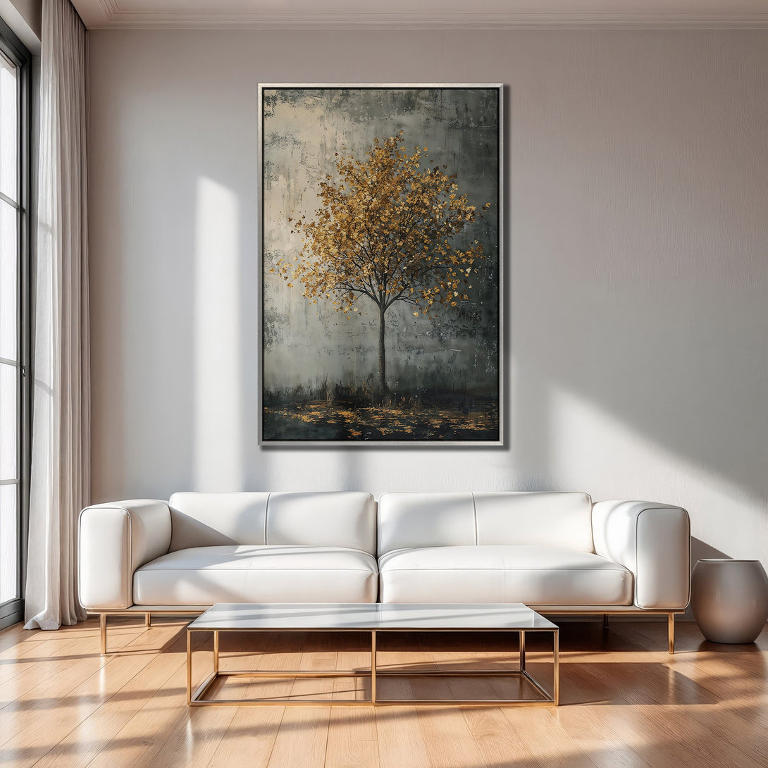 Framed Wall Art: Abstract tree painting with gold and grey tones. Modern art print adds warmth to any interior. Shop now!