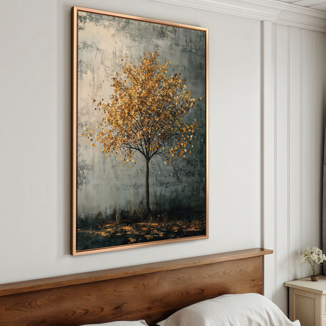 Framed Wall Art: Abstract tree painting in gold and gray tones. Modern art canvas print for living room or bedroom decor.