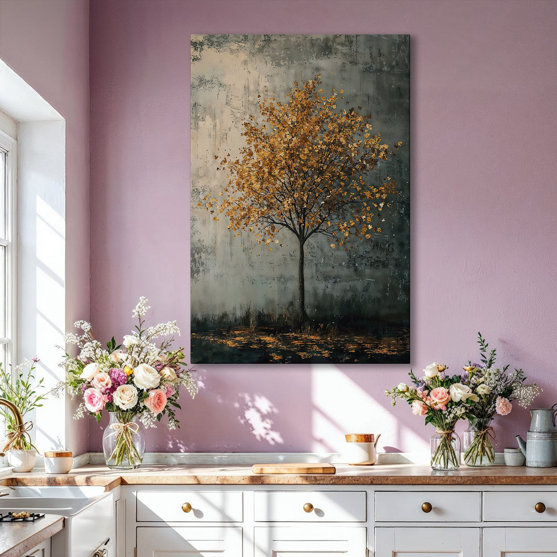 Framed Wall Art: Abstract tree art in gold and gray tones. Modern canvas print adds warmth and style to any living room. Shop now!