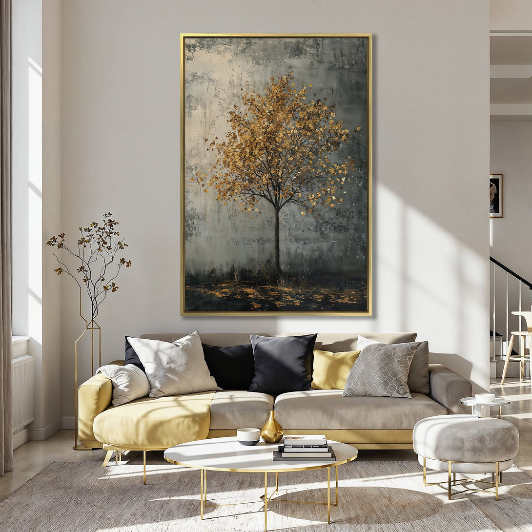 Canvas Print of a tree in a muted gold and gray color palette, displayed in a kitchen. Modern wall art for a stylish home.