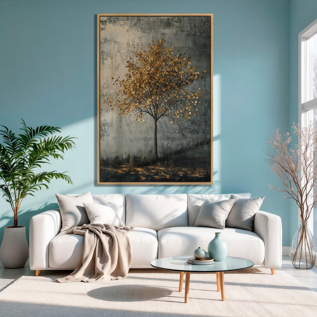 Framed Wall Art: Abstract tree art in gold and gray tones. Modern canvas print adds a touch of elegance to any living room. Shop now!