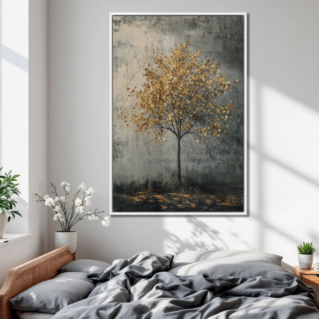 Framed Wall Art featuring an abstract tree with golden leaves. Rustic style with a muted grey and gold color palette, perfect for bedroom decor.