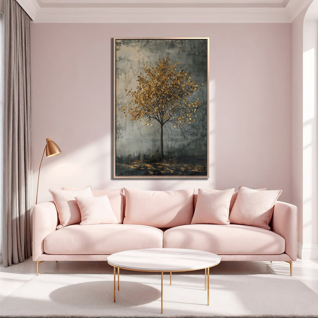 Framed Wall Art featuring a golden tree painting in a modern interior. Soft pink and gold color palette, perfect for adding elegance to your living room.