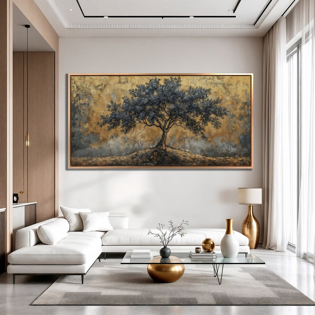 Framed Wall Art of a majestic tree in a modern living room. Features a gold, gray, and blue color palette, perfect for home decor.