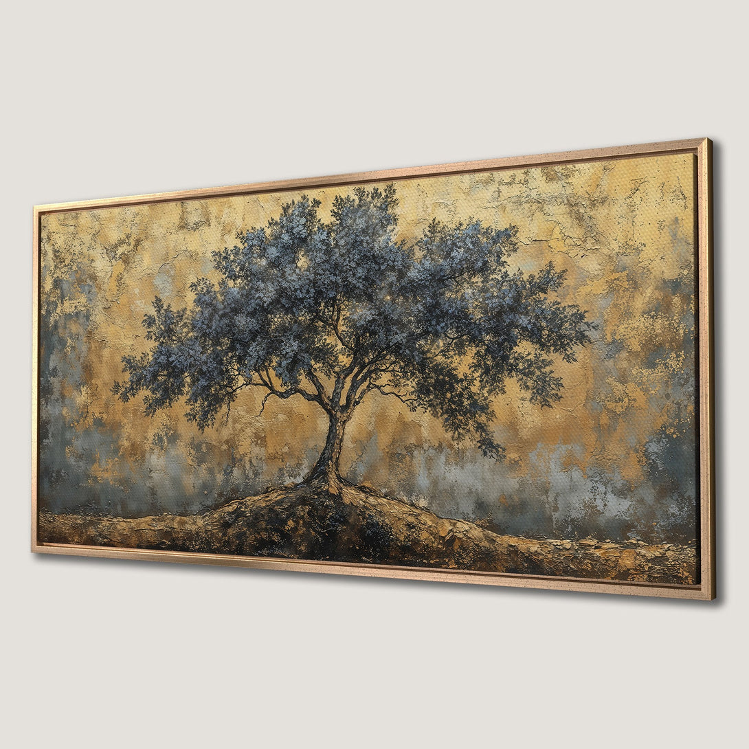 Framed Wall Art: Abstract tree painting in gold, gray, and blue. Textured canvas print adds elegance to any space. Shop now!