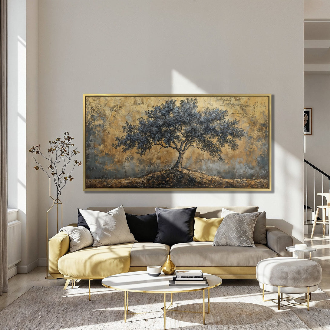 Canvas Print of an abstract tree in gold, gray, and blue tones. Perfect wall art for a modern living room.
