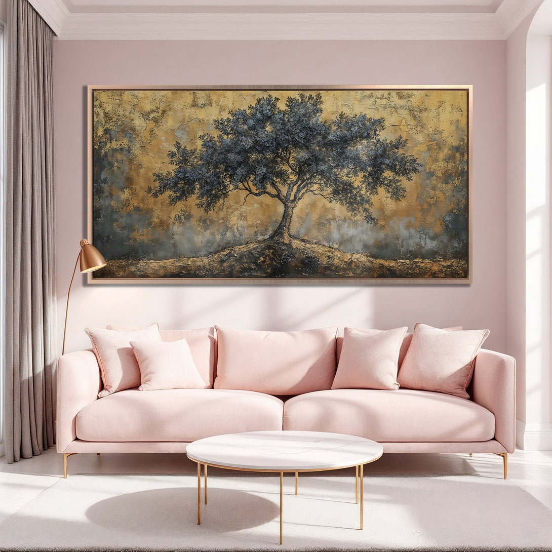 Framed Wall Art: Abstract tree art in gold, gray, and blue tones. Modern canvas print adds elegance to a pink living room interior.