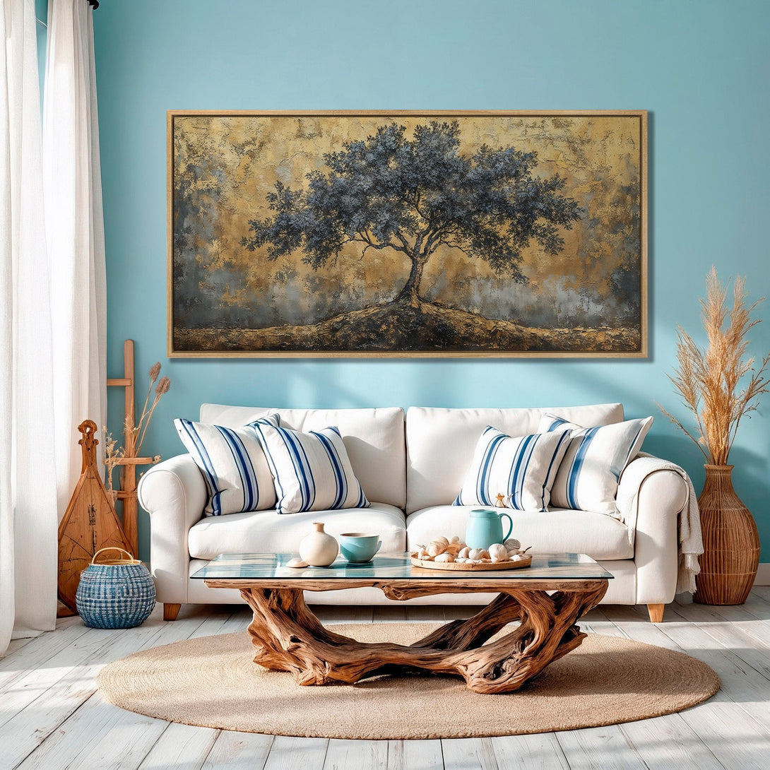 Framed Wall Art: Abstract tree painting in gold, gray, and blue. Stylish canvas print adds a touch of nature and elegance to any room.