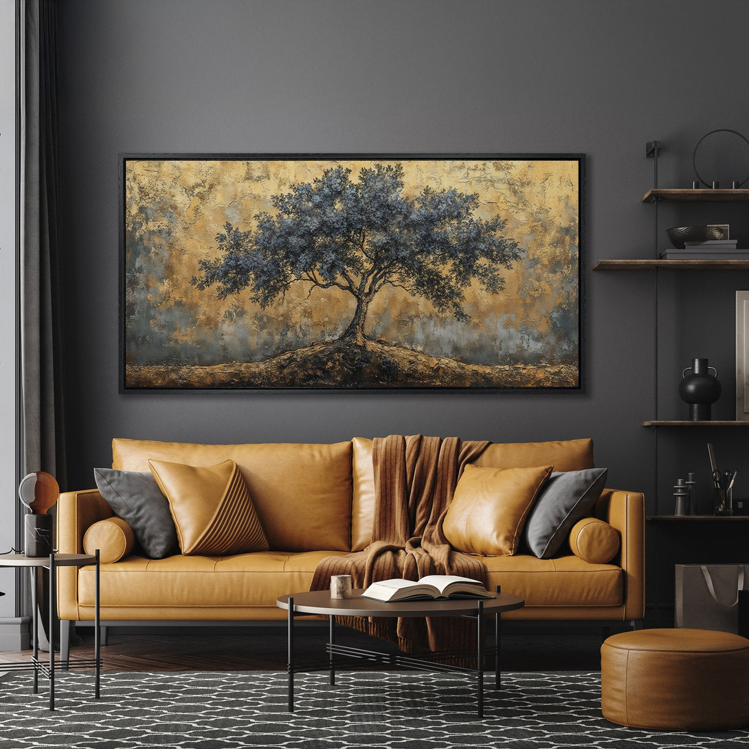 Framed Wall Art: Abstract tree painting in gold and blue tones. Modern art canvas print adds a touch of elegance to any interior.