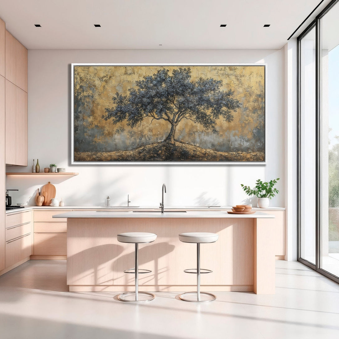 Framed Wall Art featuring an abstract tree in gold and grey tones, perfect for adding a touch of elegance to your kitchen or living room.