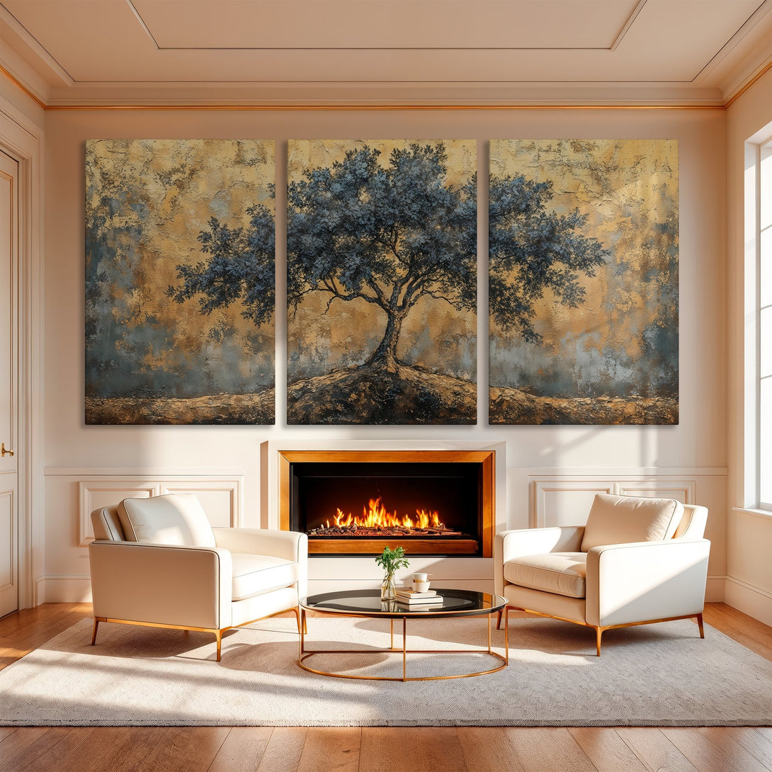 Canvas Print triptych of a tree in a textured, abstract style with a warm, earthy color palette. Perfect for adding a touch of nature to your space.