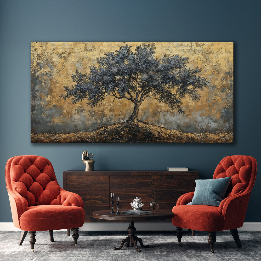 Framed Wall Art: Abstract tree painting in gold, blue, and brown tones. Modern art canvas print adds elegance to living room decor.
