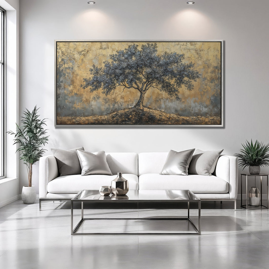 Framed Wall Art: Abstract tree painting in gold, gray, and blue tones. Modern canvas print adds a touch of nature to any living room.