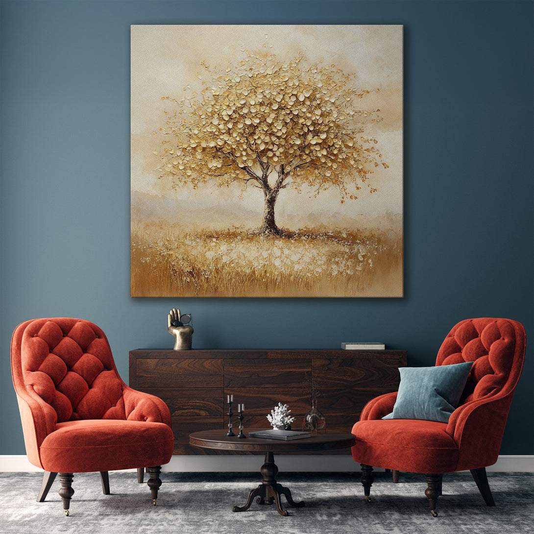 Framed Wall Art: Stunning abstract tree painting in warm gold and beige tones. Adds elegance to any living room. Perfect for a modern, sophisticated decor.